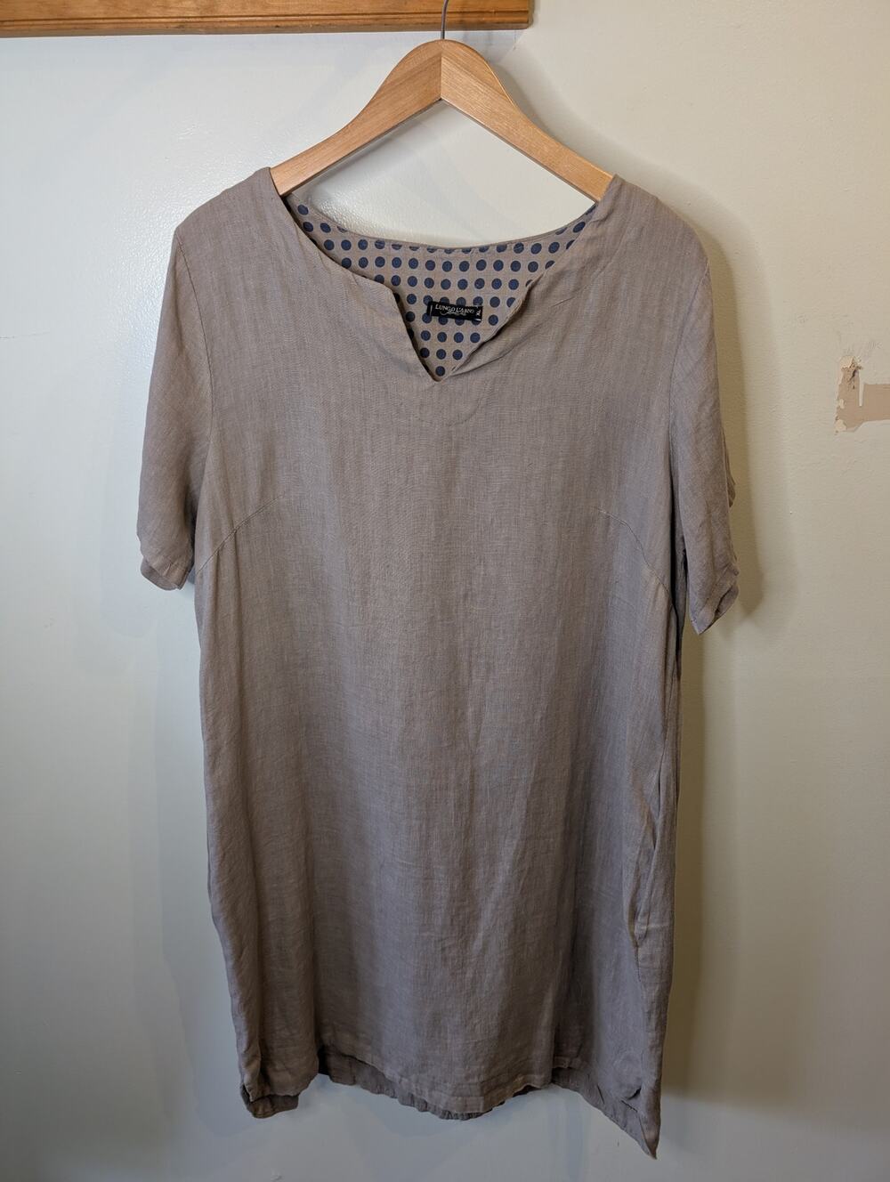 Lungo L'Arno Italian Linen Tunic Dress Taupe Polka Dot Lining Made Italy XL